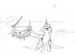 Size: 1738x1268 | Tagged: artist:snakeonmoon, lunokhod, monochrome, moon, princess luna, russian, sad, safe, sketch, solo, soviet union