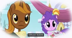 Size: 573x308 | Tagged: background pony, chocolate tail, clothes, derpibooru import, dress, earring, ei, hubble, hub logo, meme, necklace, purple wave, rose, safe, screencap, student, students, suit, the hub, the ticket master, youtube caption
