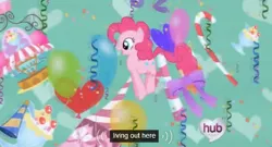 Size: 566x306 | Tagged: balloon, candy, derpibooru import, ei, hub logo, meme, pinkie pie, safe, screencap, solo, streamers, the ticket master, youtube caption