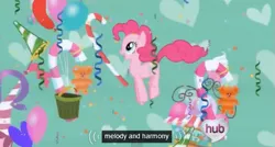 Size: 575x308 | Tagged: balloon, candy, confetti, derpibooru import, ei, harmony, hubble, hub logo, melody, meme, pinkie pie, safe, screencap, solo, streamers, teddy bear, the ticket master, youtube caption