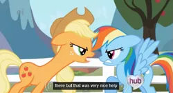 Size: 573x310 | Tagged: angry, applejack, derpibooru import, ei, fence, fight, hubble, hub logo, long neck, meme, neck, rainbow dash, safe, screencap, the hub, the ticket master, upset, youtube caption