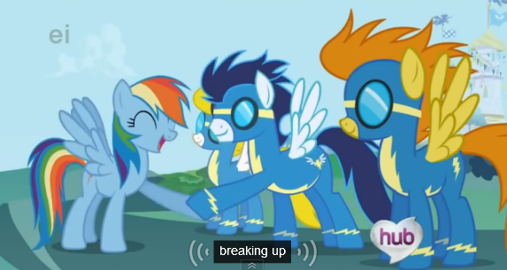 Size: 573x306 | Tagged: safe, derpibooru import, edit, edited screencap, screencap, blaze, rainbow dash, soarin', surprise, pegasus, pony, the ticket master, breakup, caption, ei, female, goggles, happy, hub logo, hubble, male, mare, meme, spread wings, stallion, the hub, wingboner, wonderbolts, wonderbolts uniform, youtube caption