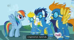 Size: 575x311 | Tagged: safe, derpibooru import, edit, edited screencap, screencap, blaze, rainbow dash, soarin', surprise, pony, the ticket master, caption, ei, female, goggles, government, hub logo, hubble, male, mare, meme, stallion, the hub, wingboner, wonderbolts, wonderbolts uniform, youtube caption