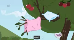 Size: 570x309 | Tagged: safe, derpibooru import, screencap, the ticket master, apple, apple tree, bed, candy, ei, hubble, hub logo, meme, pillow, quilt, the hub, tree, tree branch, youtube caption