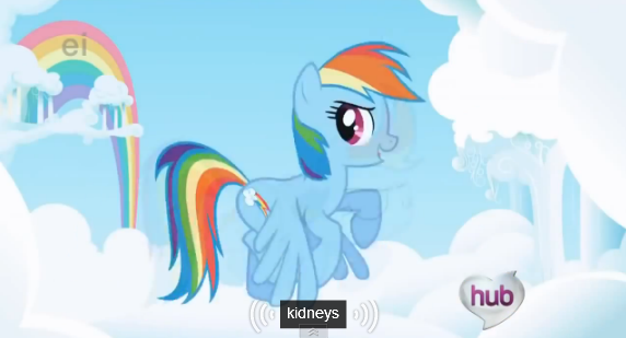 Size: 572x309 | Tagged: cloud, cloudy, derpibooru import, ei, flying, hubble, hub logo, intro, kidney, meme, opening, rainbow, rainbow dash, safe, screencap, solo, the hub, youtube caption