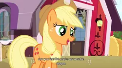 Size: 640x355 | Tagged: safe, derpibooru import, screencap, applejack, earth pony, pony, spike at your service, female, mare, meme, solo, youtube caption