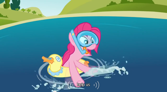 Size: 640x355 | Tagged: derpibooru import, floaty, inflatable, meme, pinkie pie, safe, screencap, snorkel, solo, too many pinkie pies, water, youtube caption