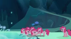 Size: 640x355 | Tagged: cave, cave pool, clone, derpibooru import, meme, mirror pool, palindrome get, pinkie clone, pinkie pie, safe, screencap, too many pinkie pies, youtube caption