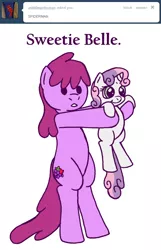Size: 638x990 | Tagged: safe, artist:skoon, derpibooru import, berry punch, berryshine, sweetie belle, pony, ask berry punch, ask, holding a pony, tumblr