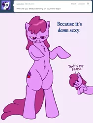 Size: 641x850 | Tagged: suggestive, artist:skoon, derpibooru import, berry punch, berryshine, pony, ask berry punch, ask, bipedal, solo, tumblr