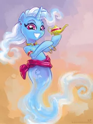 Size: 1200x1600 | Tagged: safe, artist:kp-shadowsquirrel, derpibooru import, trixie, genie, pony, unicorn, armband, bracelet, collar, ear piercing, female, floating, jewelry, lamp, mare, necklace, piercing, shoulder fluff, smiling, solo, waistband