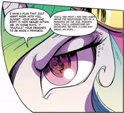 Size: 532x485 | Tagged: safe, derpibooru import, edit, idw, princess celestia, sunset shimmer, pony, spoiler:comic, spoiler:comicannual2013, alternate scenario, body sharing, comic, dialogue, eye, eye reflection, pun, reflection, text edit