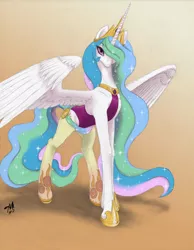 Size: 932x1200 | Tagged: artist:shachza, bedroom eyes, clothes, derpibooru import, dress, female, fluffy, hair over one eye, hoofbeat, hoofbeat 2, hooves, looking at you, one-piece swimsuit, princess celestia, sexy, solo, solo female, spread wings, suggestive, swimsuit, unshorn fetlocks