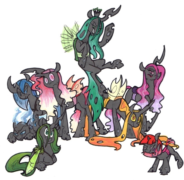 Size: 1755x1723 | Tagged: artist:frankilew, blue changeling, changeling, changeling oc, changeling queen, changeling queen oc, derpibooru import, enslaver, female, green changeling, oc, oc:ambrosia, oc:calliphora, oc:marasmus, oc:mayfly, oc:miasma, oc:myxine, original species, pseudochangeling, purple changeling, queen chrysalis, red changeling, safe, simple background, traditional art, unnamed oc, yellow changeling