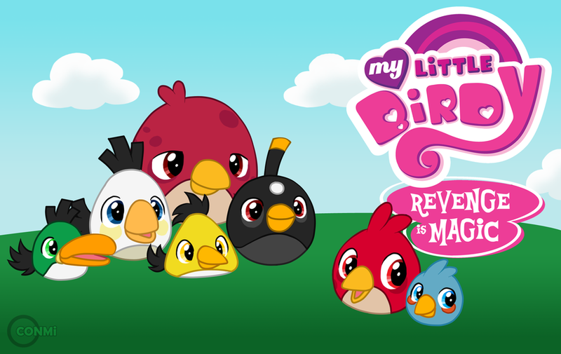 Size: 900x568 | Tagged: angry birds, artist:conmi, big brother bird, black bird, blue bird, boomerang bird, bullfinch, canary, cardinal, chicken, derpibooru import, edit, emerald toucanet, greater antillean bullfinch, logo, logo edit, my little x, parody, red bird, safe, style emulation, white bird, yellow bird