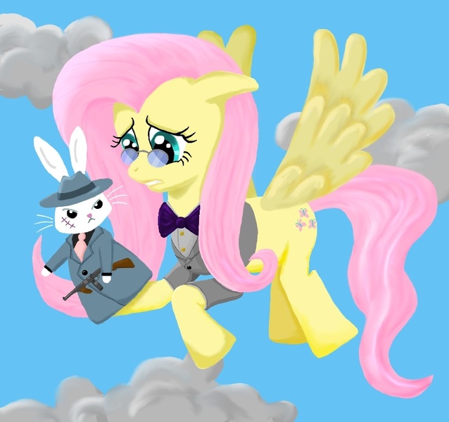 Size: 850x800 | Tagged: angel bunny, artist:empyu, batman, clothes, costume, derpibooru import, fluttershy, safe, scarface, the ventriloquist