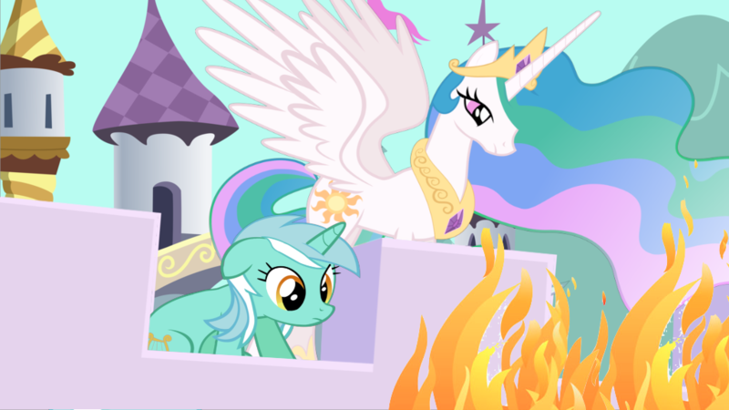 Size: 1024x576 | Tagged: safe, artist:gentlemanpanda, derpibooru import, lyra heartstrings, princess celestia, fire