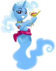 Size: 6400x8107 | Tagged: safe, artist:kp-shadowsquirrel, artist:parclytaxel, derpibooru import, trixie, genie, genie pony, pony, unicorn, .svg available, absurd resolution, bracelet, female, lamp, mare, necklace, ring, shading, simple background, solo, transparent background, vector, waistband