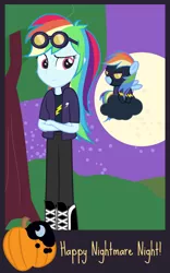 Size: 560x900 | Tagged: safe, artist:dm29, derpibooru import, rainbow dash, equestria girls, clothes, cloud, costume, crossed arms, duo, filly, goggles, human ponidox, nightmare night, pony pet, shadowbolt dash, shadowbolts costume