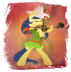 Size: 901x916 | Tagged: safe, artist:rariedash, derpibooru import, fiddlesticks, earth pony, pony, apple family member, bipedal, clothes, cowboy hat, cutie mark background, eyes closed, female, hat, hooves, lineless, mare, smiling, solo, violin