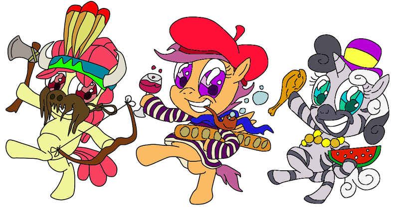 Size: 1100x600 | Tagged: safe, artist:corwin, derpibooru import, edit, apple bloom, scootaloo, sweetie belle, earth pony, pegasus, pony, unicorn, baguette, beret, bipedal, bisonface, blackface, bow (weapon), bread, bubble pipe, cutie mark crusaders, dancing, fake beard, feather, french, fried chicken, grin, hat, hoof hold, looking at you, mouth hold, native american, necklace, out of character, pipe, politically incorrect, racism, redface, smiling, stereotype, stripeface, tomahawk, trio, watermelon, wine, zebraface