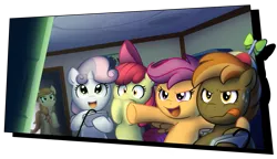 Size: 2621x1506 | Tagged: apple bloom, artist:bcpony, button mash, controller, cutie mark crusaders, derpibooru import, oc, oc:cream heart, safe, scootaloo, scootaloo will show us games to play, sweat, sweetie belle, video game