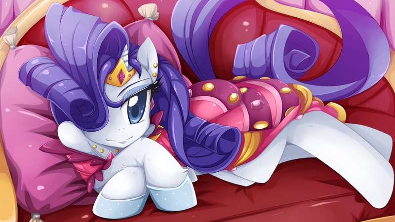 Size: 1300x731 | Tagged: safe, artist:jinzhan, derpibooru import, rarity, pony, unicorn, beautiful, clothes, dress, fainting couch, female, gala dress, hair over one eye, mare, smiling, solo