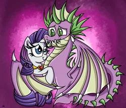 Size: 1100x943 | Tagged: safe, artist:daniel-sg, derpibooru import, rarity, spike, fanfic, fanfic:like fine wine, fangs, female, fire ruby, hug, male, necklace, older, shipping, smiling, sparity, straight, winged spike, wings