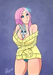 Size: 637x900 | Tagged: angel bunny, arm boob squeeze, arm under breasts, artist:rayzor-sharp, between breasts, blue underwear, bra strap, breasts, busty fluttershy, clothes, derpibooru import, female, fluttershy, hairpin, human, humanized, off shoulder, off shoulder sweater, panties, sexy, skirt, solo, stupid sexy fluttershy, suggestive, sweater, sweatershy, underwear, upskirt