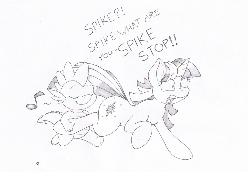 Size: 1145x795 | Tagged: artist:joey darkmeat, derpibooru import, grayscale, monochrome, safe, spike, traditional art, twilight sparkle, wheelbarrow