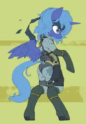 Size: 877x1265 | Tagged: safe, artist:toki, derpibooru import, princess luna, pony, bipedal, clothes, konami, metal gear, pixiv, plot, s1 luna, solo, wedgie