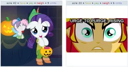 Size: 522x276 | Tagged: safe, derpibooru import, rarity, sunset shimmer, sweetie belle, equestria girls, antibronies in a nutshell, clothes, costume, cute, exploitable meme, image macro, juxtaposition, juxtaposition win, meme, reaction image