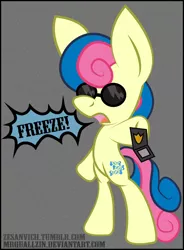 Size: 1024x1395 | Tagged: safe, artist:mrquallzin, artist:zesandvich, derpibooru import, bon bon, sweetie drops, pony, badge, bipedal, freeze, hilarious in hindsight, police officer, solo, sunglasses, undercover