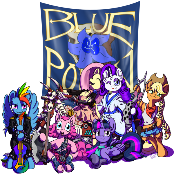 Size: 2000x2000 | Tagged: safe, artist:davidcurser, derpibooru import, applejack, fluttershy, pinkie pie, rainbow dash, rarity, twilight sparkle, twilight sparkle (alicorn), alicorn, pony, band, bass guitar, bipedal, clothes, female, mane six, mare, musical instrument, poison joke