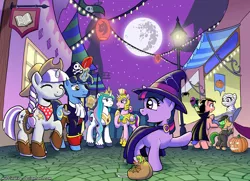 Size: 2070x1500 | Tagged: safe, artist:muffinshire, derpibooru import, night light, princess cadance, princess celestia, shining armor, twilight sparkle, twilight velvet, alicorn, pony, unicorn, celestia costume, clothes, costume, cowgirl, crossdressing, eyes closed, family, female, filly, hat, magic, male, mare, mare in the moon, moon, muffinshire is trying to murder us, nightmare night, open mouth, pirate, royal guard, shining armor is not amused, smiling, stallion, unamused, witch, younger