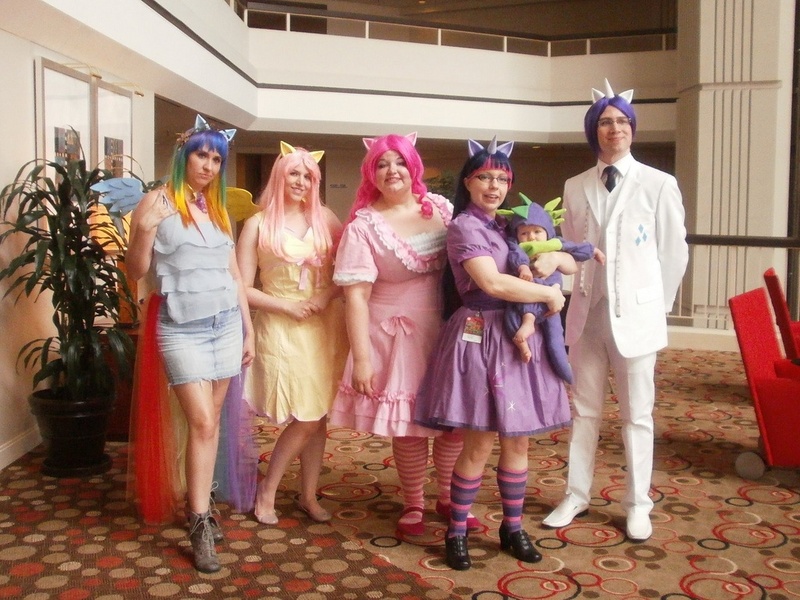 Size: 1024x768 | Tagged: artist needed, baby, clothes, convention, cosplay, derpibooru import, dragoncon, dragoncon 2011, elusive, fluttershy, human, irl, irl human, photo, pinkie pie, rainbow dash, rarity, rule 63, safe, spike, suit, twilight sparkle