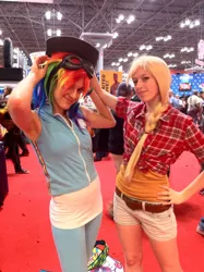 Size: 1936x2592 | Tagged: accessory swap, applejack, artist needed, convention, cosplay, derpibooru import, goggles, human, irl, irl human, new york comic-con 2011, nycc, photo, rainbow dash, safe