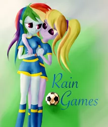 Size: 768x900 | Tagged: safe, artist:jabbie64, derpibooru import, cloudy kicks, rainbow dash, equestria girls, background human, fanfic art, fanfic cover, female, lesbian, shipping