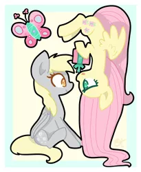 Size: 900x1100 | Tagged: safe, artist:otterlore, derpibooru import, derpy hooves, fluttershy, butterfly, pegasus, pony, bubble, cute, derpyshy, eye contact, female, gift giving, lesbian, looking at each other, mare, present, profile, shipping, upside down