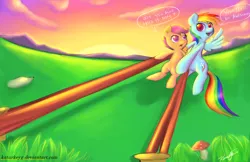 Size: 1024x663 | Tagged: safe, artist:katurkeyg, derpibooru import, rainbow dash, scootaloo, slingshot, sunrise, this will end in tears