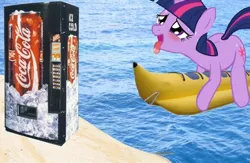 Size: 500x326 | Tagged: ahegao, banana, banana boat, coca-cola, coke, derpibooru import, food, not porn, safe, soda, solo, twilight sparkle, wat