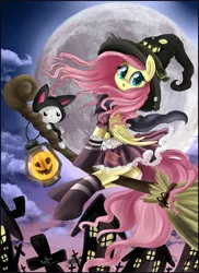 Size: 2851x3913 | Tagged: safe, artist:pridark, derpibooru import, angel bunny, fluttershy, pegasus, pony, :o, broom, building, cape, catsuit, clothes, cloud, cloudy, costume, cross, cute, female, flutterbutt, flying, flying broomstick, full moon, halloween, hat, jack-o-lantern, lantern, lidded eyes, looking back, mare, moon, night, night sky, open mouth, plot, pumpkin, sexy, shyabetes, sitting, socks, underhoof, witch, witch hat