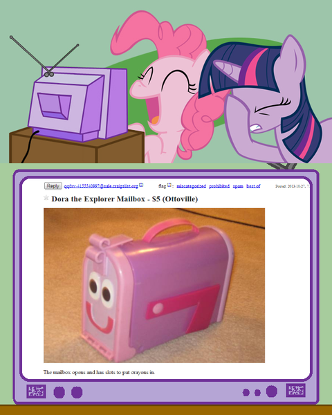 Size: 600x750 | Tagged: barely pony related, blues clues, craigslist, derpibooru import, dora the explorer, epic fail, exploitable meme, facehoof, fail, laughing, mailbox, meme, mixed reactions, obligatory pony, pinkie pie, safe, tv meme, twilight sparkle