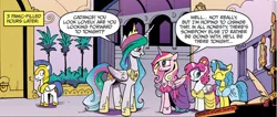 Size: 960x406 | Tagged: safe, derpibooru import, idw, diamond rose, lemony gem, princess cadance, princess celestia, alicorn, pegasus, pony, unicorn, neigh anything, spoiler:comic, spoiler:comic12, candle, clothes, dress, female, implied sunset shimmer, male, mare, official comic, quill, royal guard, speech bubble, stallion, whistling