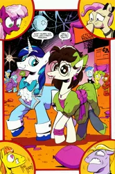 Size: 1964x2964 | Tagged: safe, artist:andypriceart, derpibooru import, idw, buck withers, cheerilee, flank thrasher, gizmo, mayor mare, shining armor, unnamed pony, earth pony, pegasus, pony, unicorn, neigh anything, spoiler:comic, spoiler:comic12, 80s, 80s cheerilee, background pony, balloon, basketball net, bow, clothes, crossdressing, dancing, disco ball, do not want, drag queen, dress, ear clip, female, floppy ears, frown, glasses, grin, gritted teeth, hair bow, heart, heart eyes, lipstick, male, mane bow, misspelling, open mouth, raised eyebrow, smiling, varying degrees of want, wide eyes