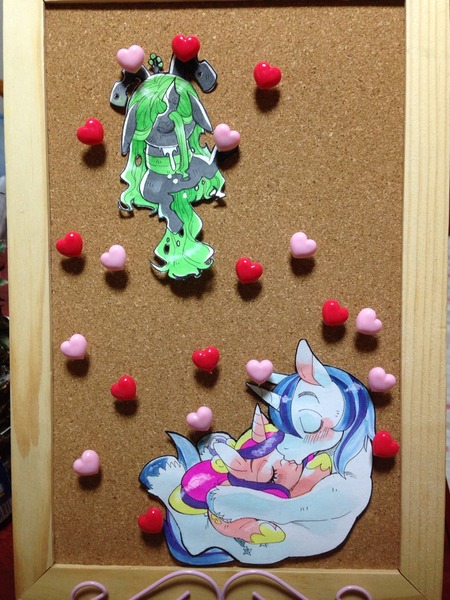 Size: 960x1280 | Tagged: safe, artist:naoki, derpibooru import, princess cadance, queen chrysalis, shining armor, alicorn, changeling, changeling queen, pony, unicorn, corkboard, female, male, mare, paper child, photo, stallion, traditional art