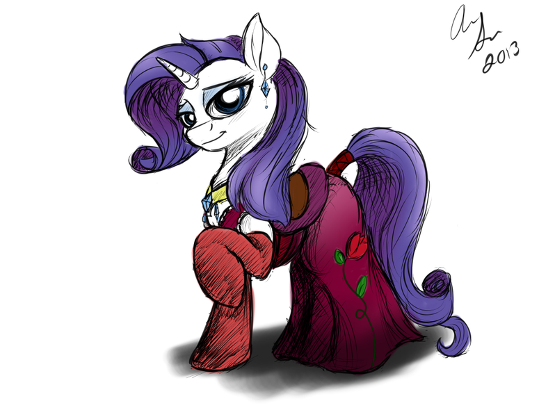 Size: 1000x774 | Tagged: artist:jinyaranda, clothes, derpibooru import, dress, rarity, saddle, safe, solo, tail wrap