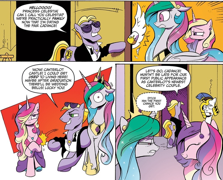 Size: 1040x840 | Tagged: safe, artist:andypriceart, derpibooru import, idw, official, buck withers, princess cadance, princess celestia, alicorn, pegasus, pony, unicorn, neigh anything, spoiler:comic, spoiler:comic12, celestia is not amused, comic, eyes closed, faic, female, i've seen some shit, male, mare, royal guard, shocked, smiling, stallion, sunglasses, thousand yard stare, unamused, whispering, wide eyes