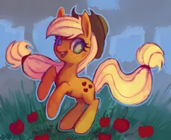 Size: 1387x1137 | Tagged: apple, applejack, artist:toycake, derpibooru import, food, rearing, safe, solo, tree