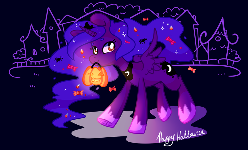 Size: 1800x1090 | Tagged: artist:pepooni, candy, derpibooru import, glow, halloween, jack-o-lantern, nightmare night, princess luna, pumpkin, safe, solo